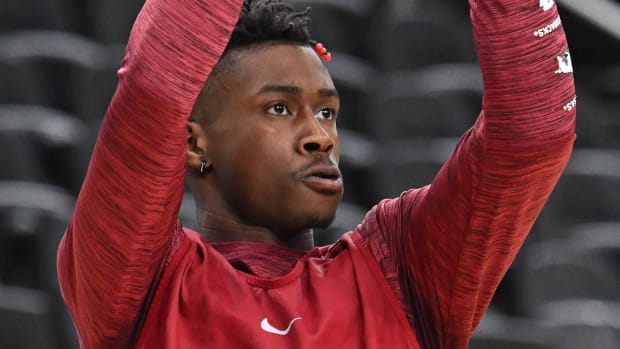 Razorbacks Devo Davis at practice Wednesday afternoon before Sweet 16 matchup with UConn.